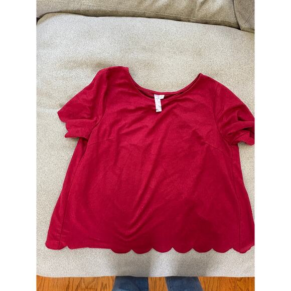 Alya Tops - Alya Red Scalloped Hem Short Sleeve Top Size M
